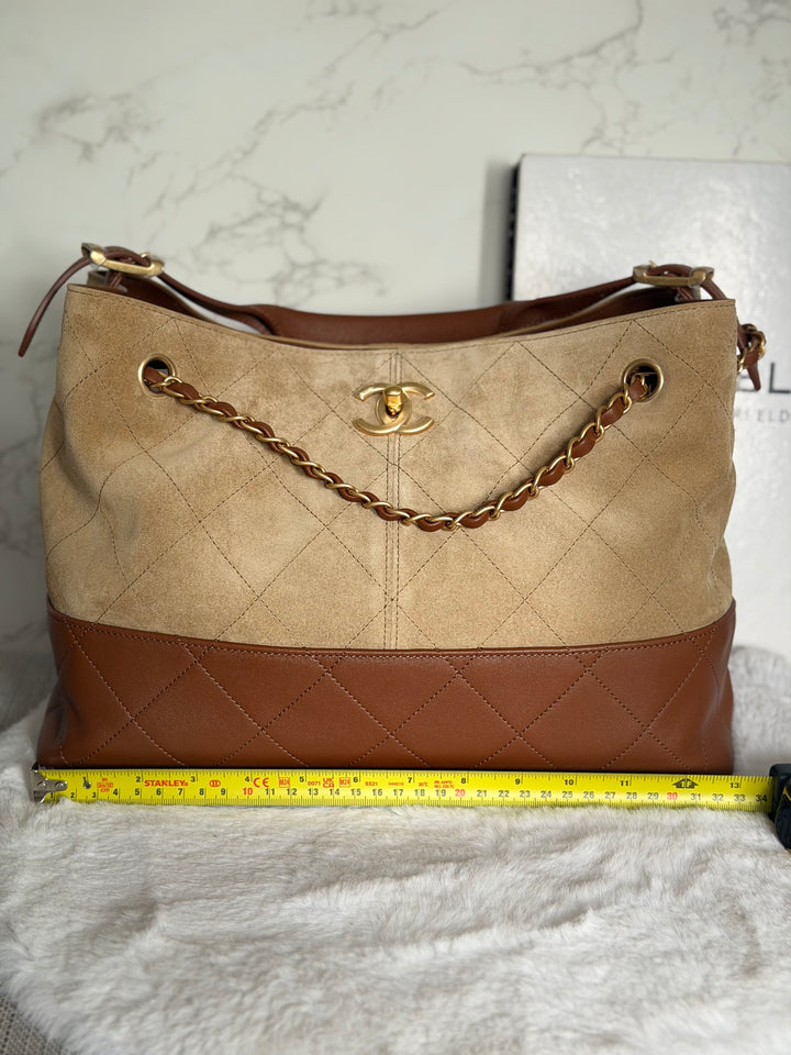 CHANEL 26S Beige Suede and Brown Leather Shopping Tote Bag 2026 size Small