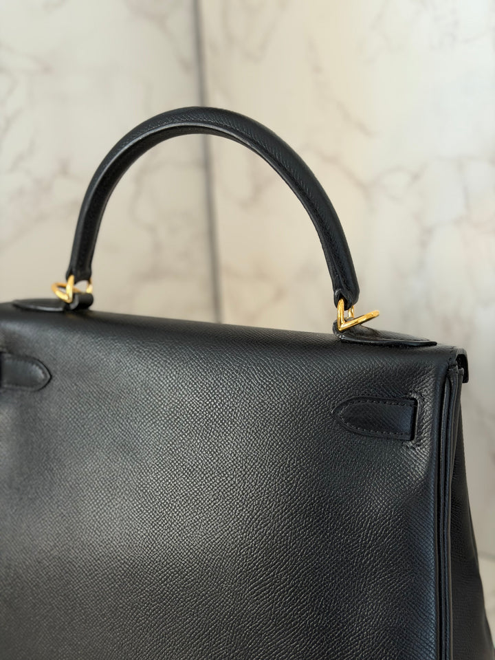 Hermes Noir/Black Epsom Leather GHW Kelly 28 stamp N 2010