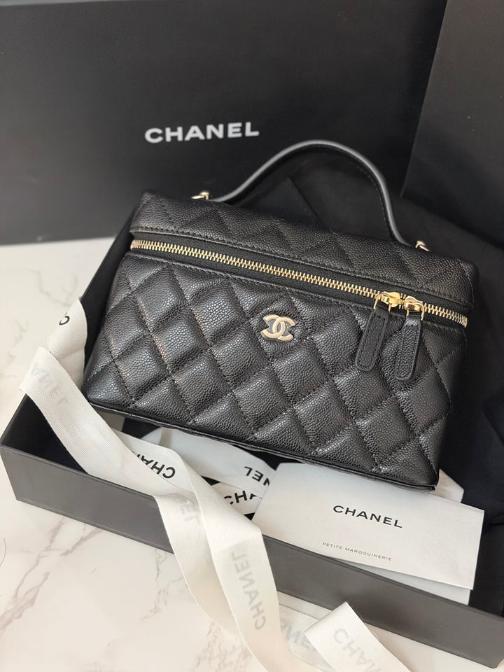 CHANEL Black Caviar LGHW Long Vanity with top handle and detachable chain