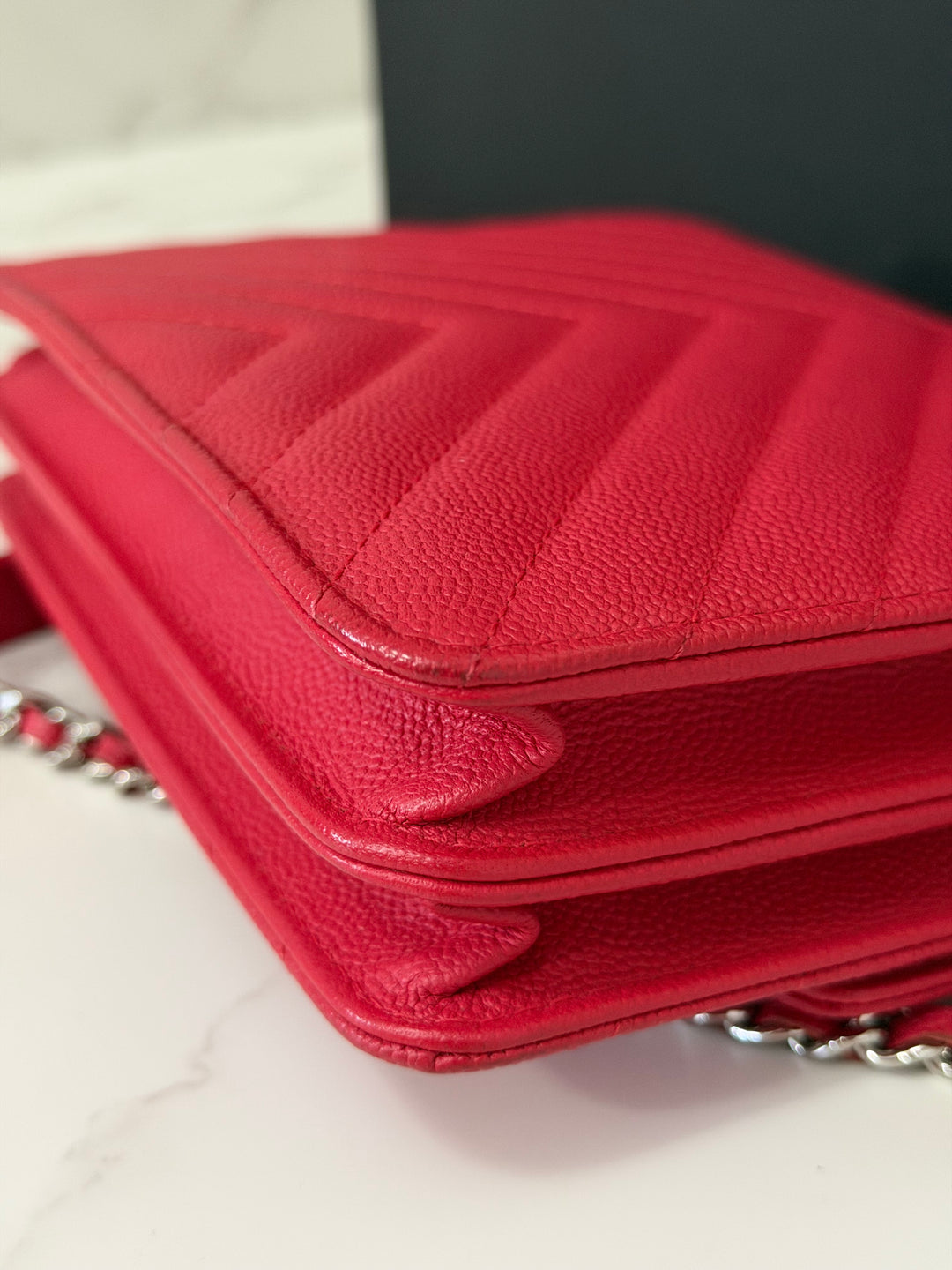 CHANEL series 25 2018 Dark pink chevron caviar SHW Square Wallet On Chain (WOC)