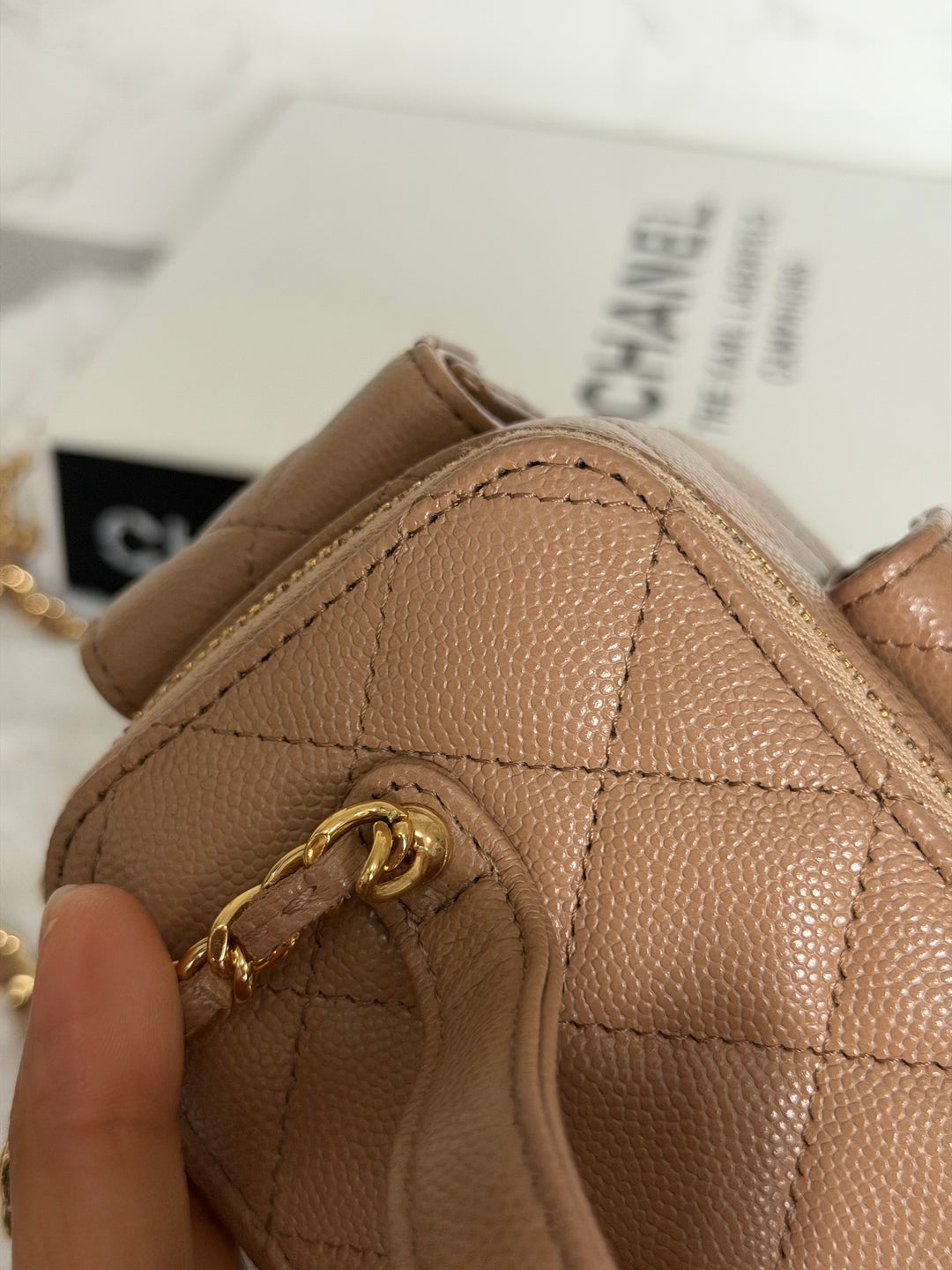 CHANEL Dark Beige Caviar Cargo Polly Pocket Vanity Case with Top Handle GHW 2023