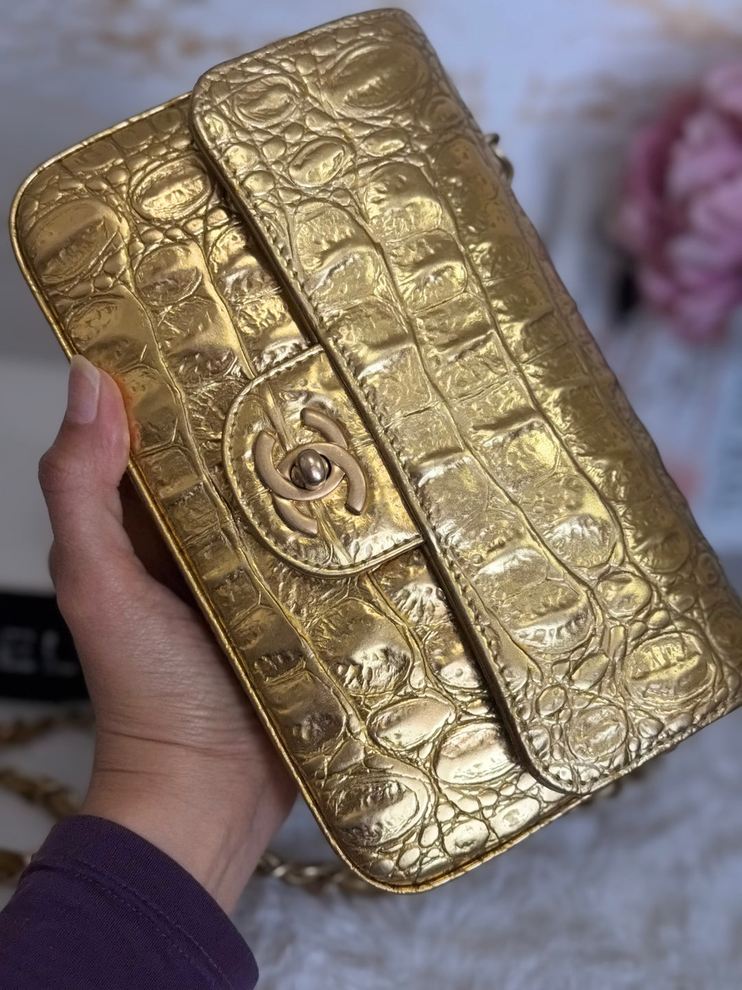 CHANEL series 28 19A Metiers d'Art collection Gold Croc Embossed Calf Skin Mini Rectangular Flap Bag with Aged GHW 2019 RARE