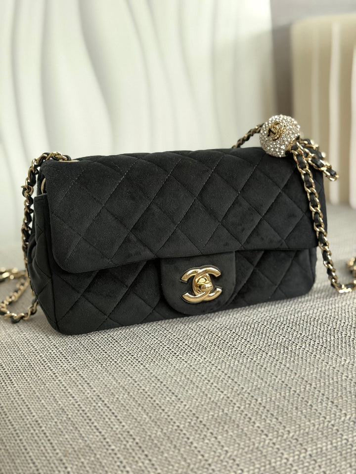 CHANEL series 30 2020 20K collection Black Velvet Crystal Pearl Crush Adjustable Strap LGHW Mini Rectangular Flap Bag