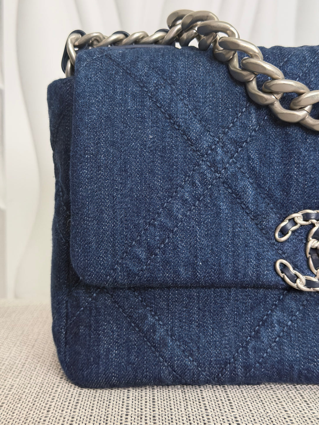 CHANEL 19 size Small Dark Denim SHW Flap Bag with Top Handle