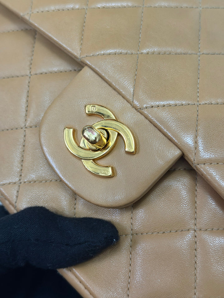 CHANEL series 4 Vintage 24K GHW Dark Beige Lambskin Timeless Classic Medium Double Flap Bag