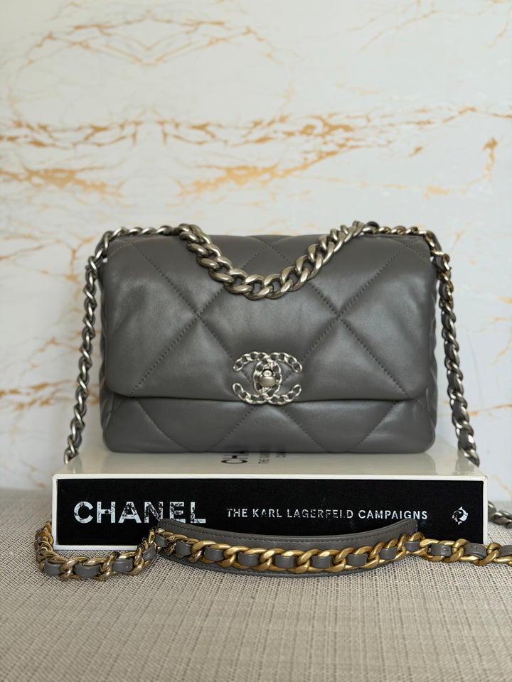 CHANEL Dark Grey Lambskin 19 Size SMALL/MEDIUM Mixed HW Flap Bag 2022 Microchipped