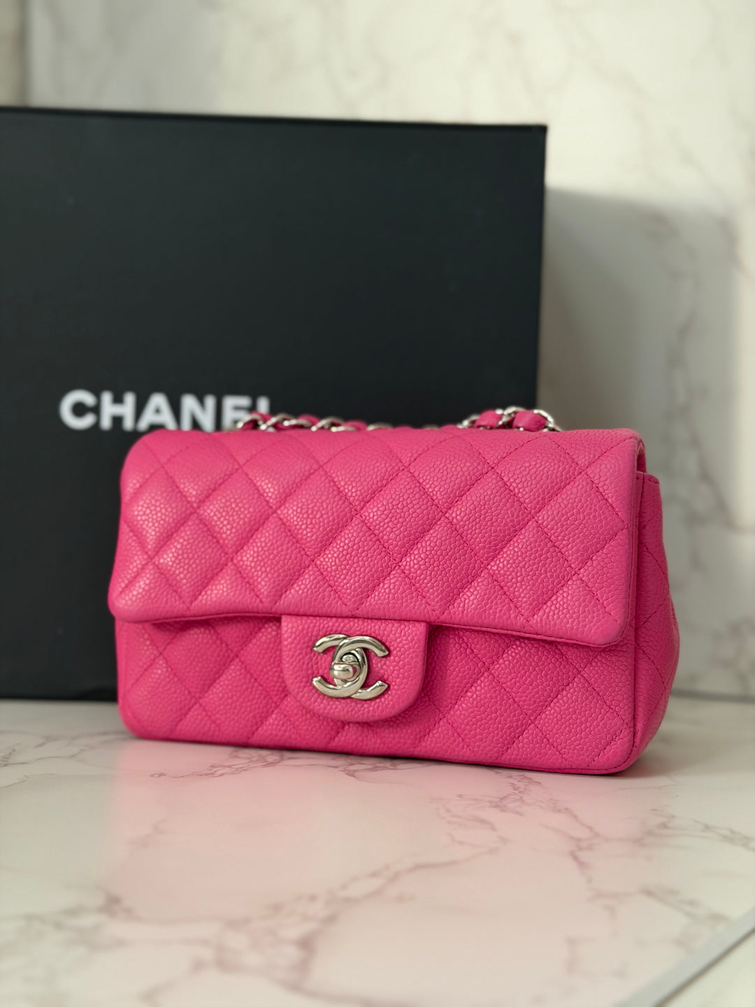 CHANEL series 17 2012/2013 Suede Hot Pink Caviar SHW Mini Rectangular Flap Bag