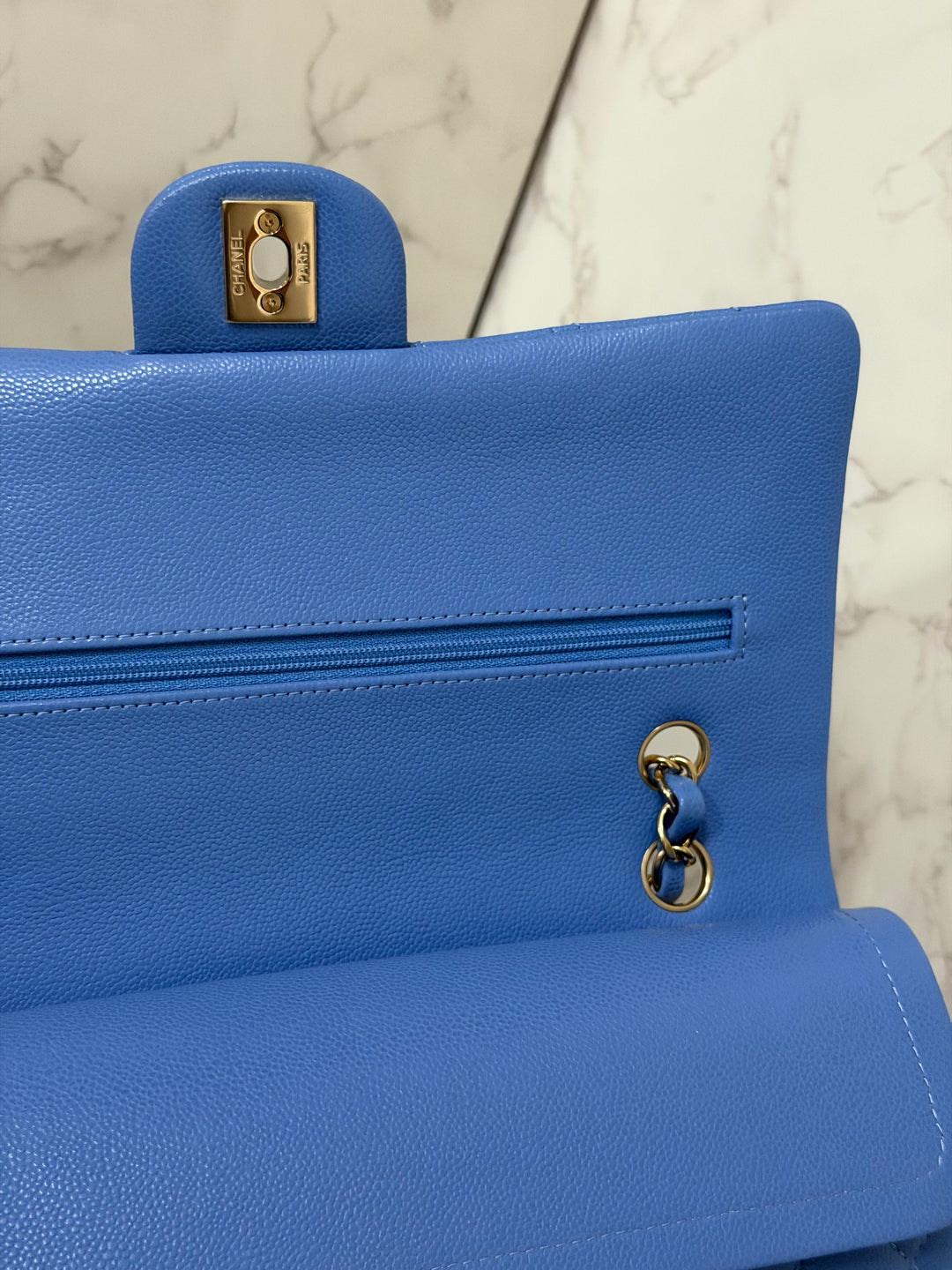 CHANEL 25C 2025 Periwinkle Blue Caviar LGHW Medium ML Timeless Classic Double Flap Bag