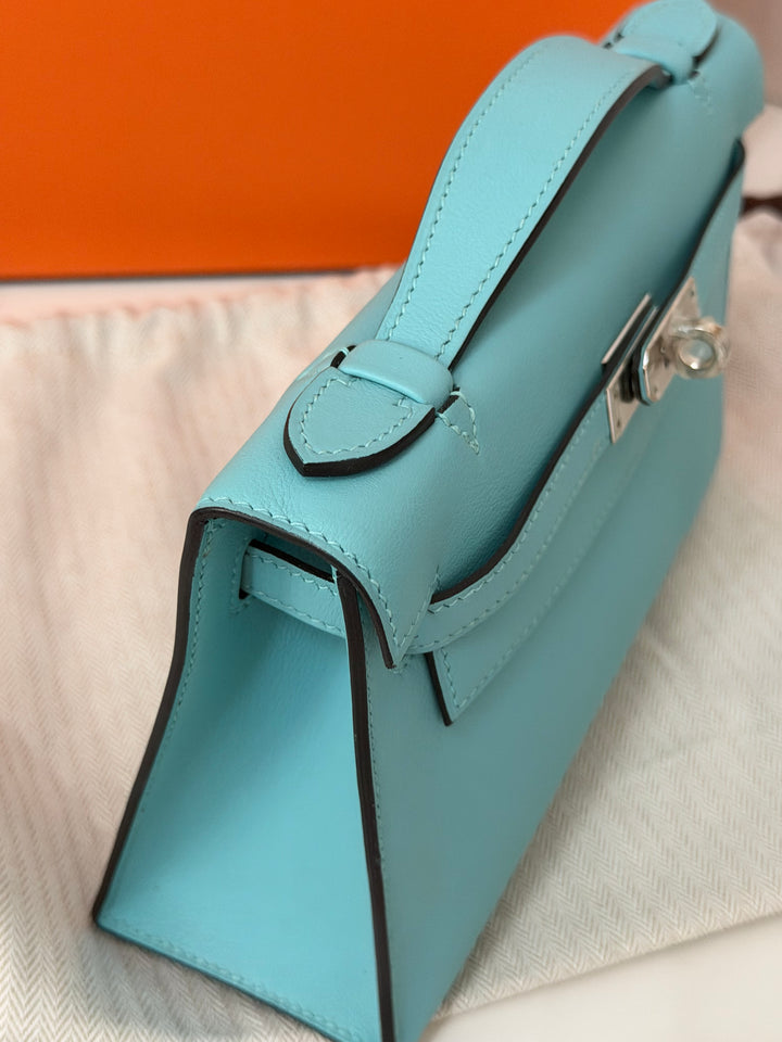 Hermès Kelly Pochette Swift Leather in Bleu Atoll 3P PHW Palladium Hardware Stamp T