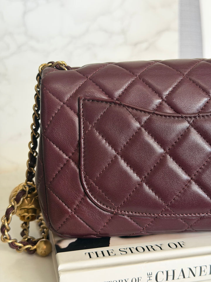 CHANEL 21B Burgundy Lambskin Aged GHW Pearl Crush Mini Rectangular Flap Bag 2021