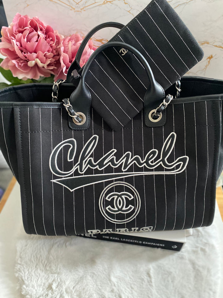 Chanel 23P 2023 collection in Black/White Stripe Canvas Deauville Tote with Top Handle and detachable pouch size Medium (15 inches)