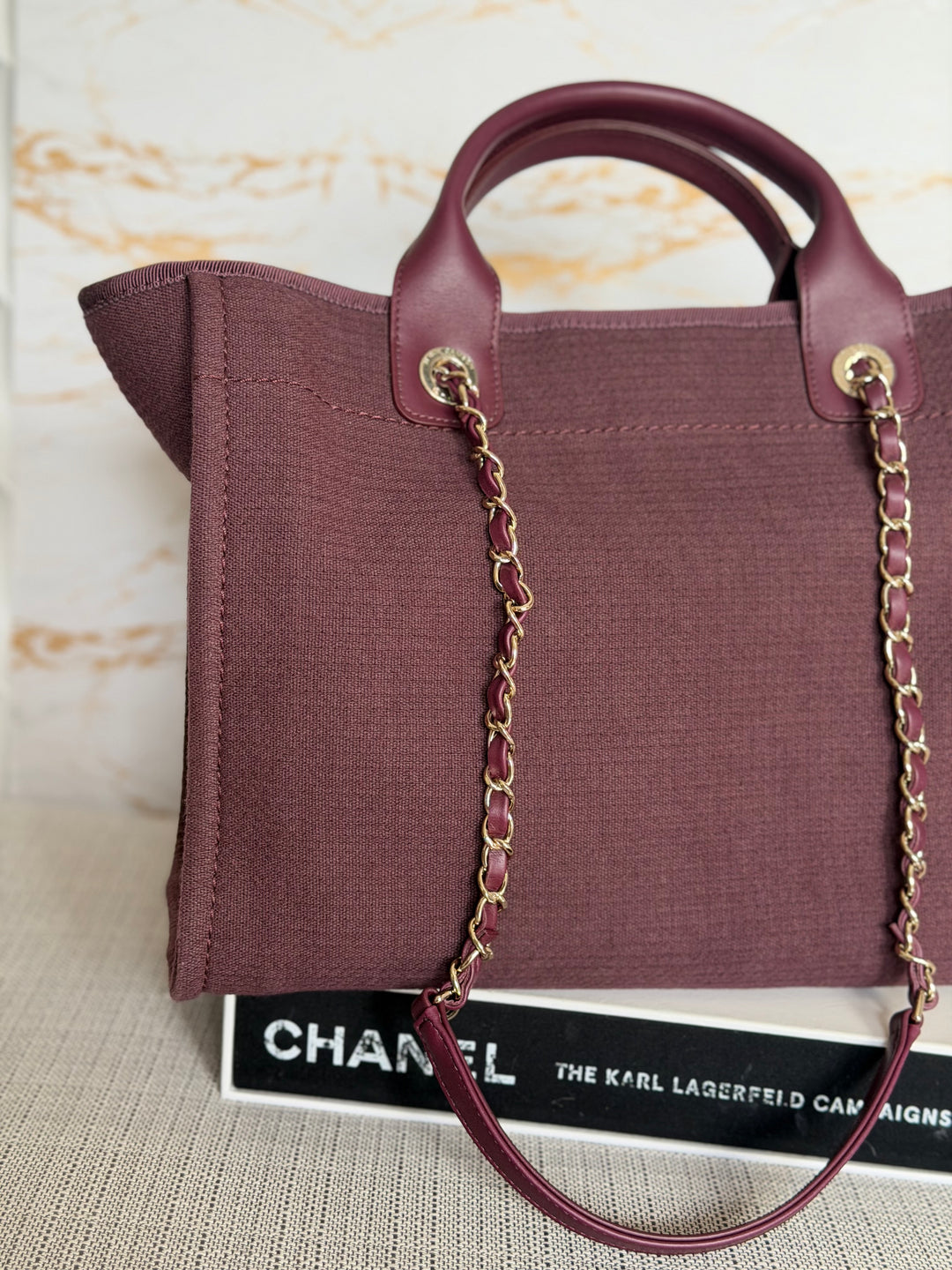 Chanel Burgundy Tweed Deauville Tote with Leather top handle size SMALL 13 inches 2024