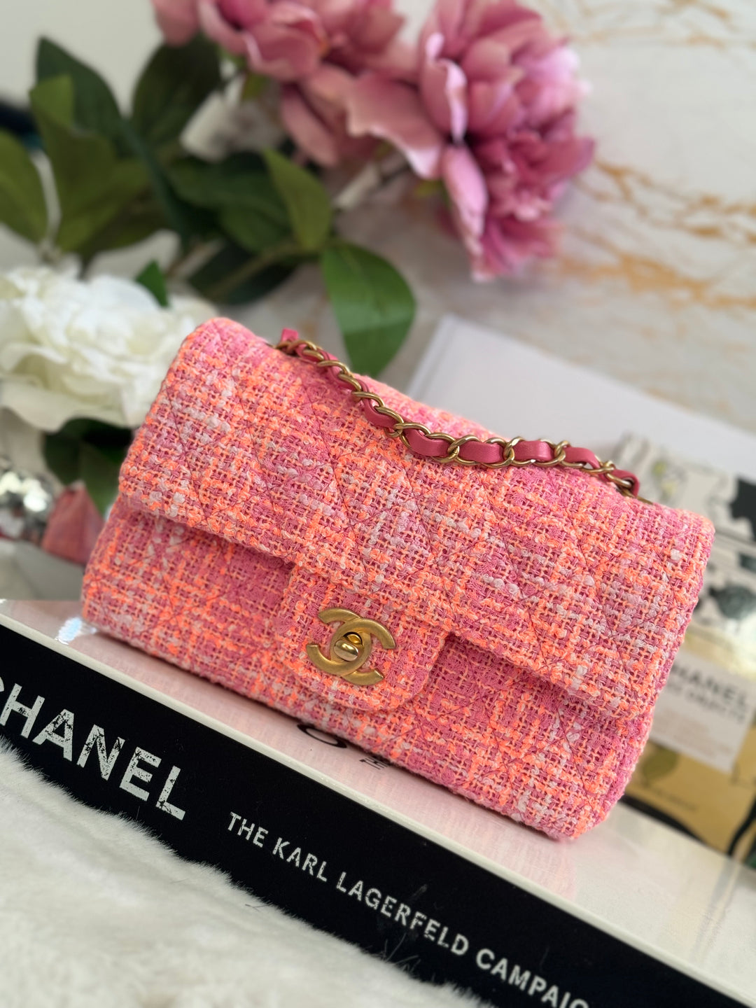 Chanel 24C 2024 Cruise Collection Tweed Pink Orange White Mini Rectangular Flap Bag with Aged GHW
