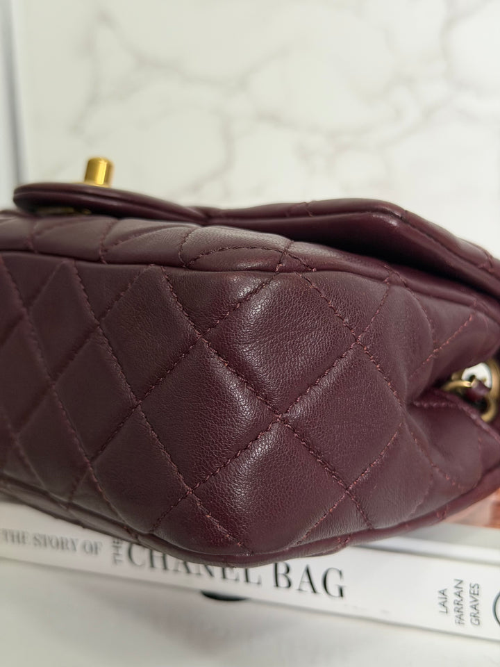 CHANEL 21B Burgundy Lambskin Aged GHW Pearl Crush Adjustable Chain Mini rectangular flap Bag 2021
