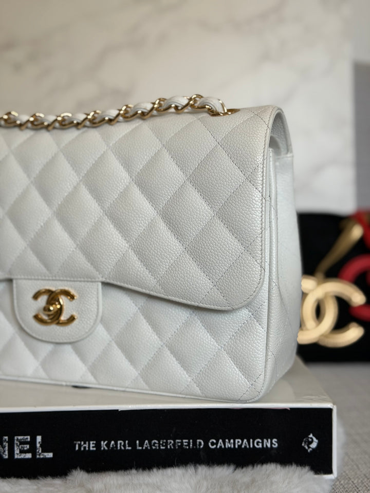 CHANEL White Caviar GHW Jumbo Double Flap Classic Bag 2010