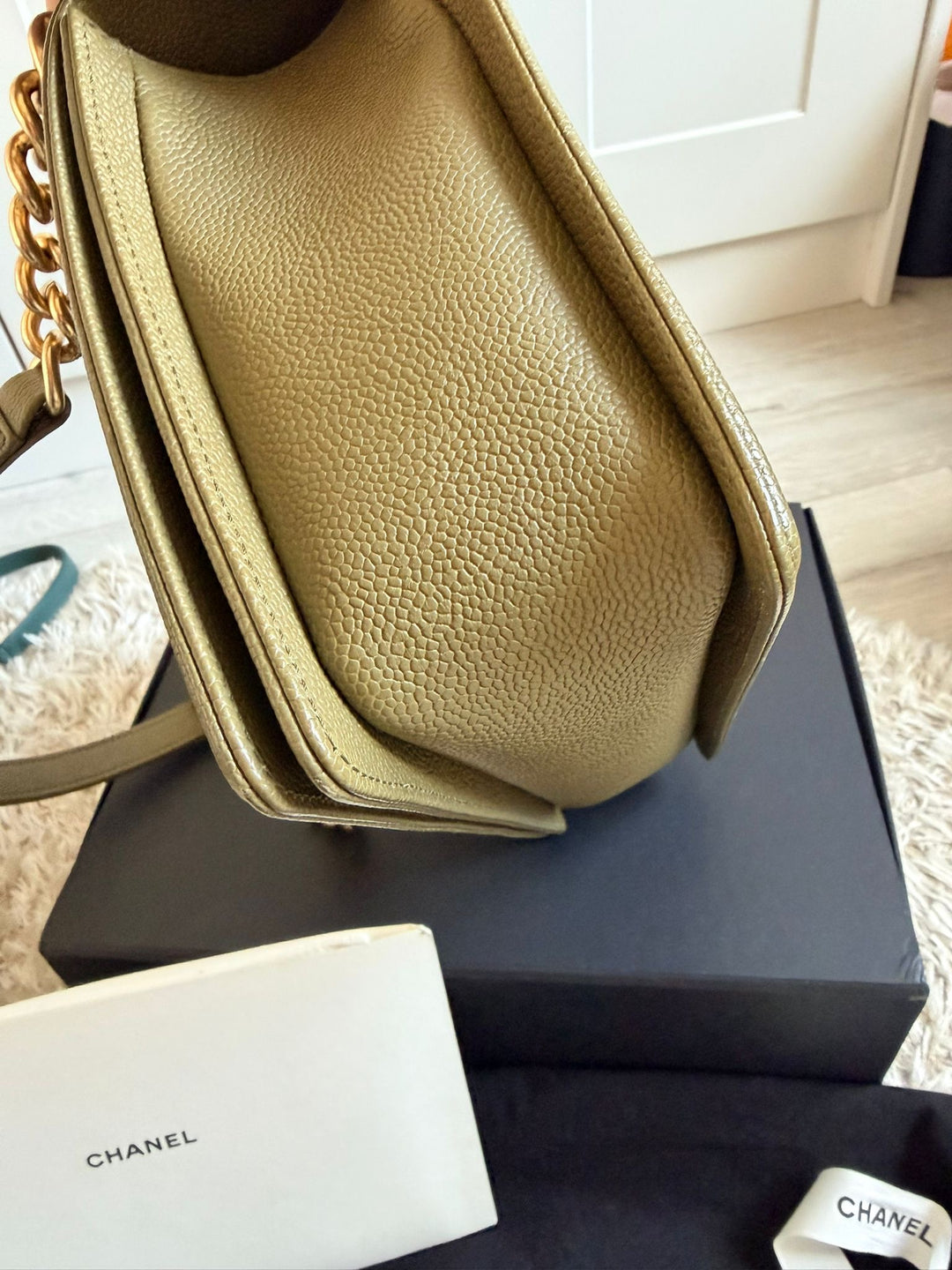 CHANEL series 23 Khaki Green Caviar with Pink lining NEW Medium Le Boy Flap Bag 2016