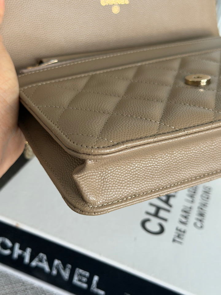 CHANEL 22A Dark Beige Caviar LGHW Classic Wallet on chain (WOC) 2023