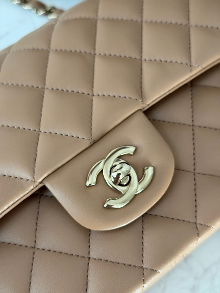 CHANEL 22K 2022 Dark Beige Lambskin LGHW Medium ML Timeless Classic Double Flap Bag