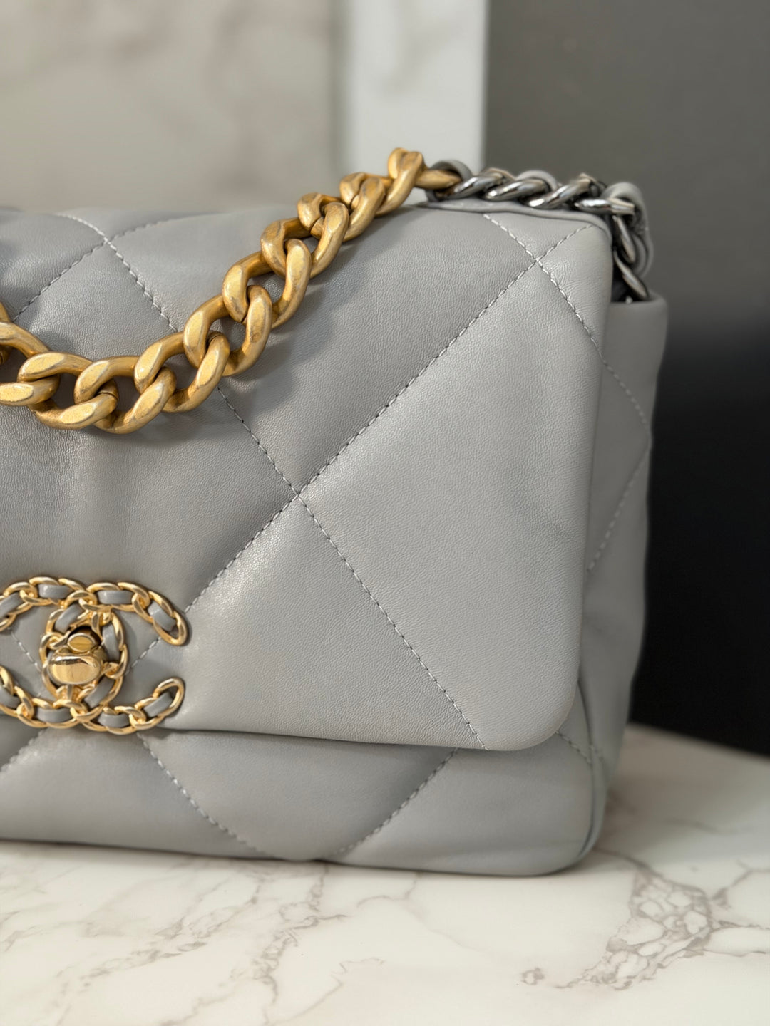 CHANEL 19 size Small Grey Lambskin Mixed Hardware 21B 2021 Flap Bag with Top Handle