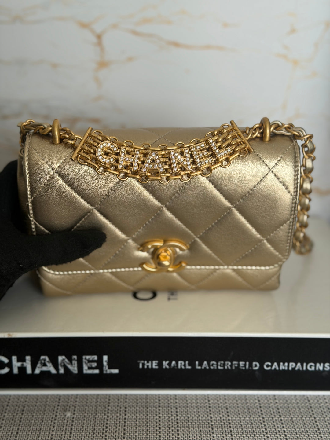 CHANEL Gold Metallic Lambskin CC Crystal Logo Chain Flap Bag 2022