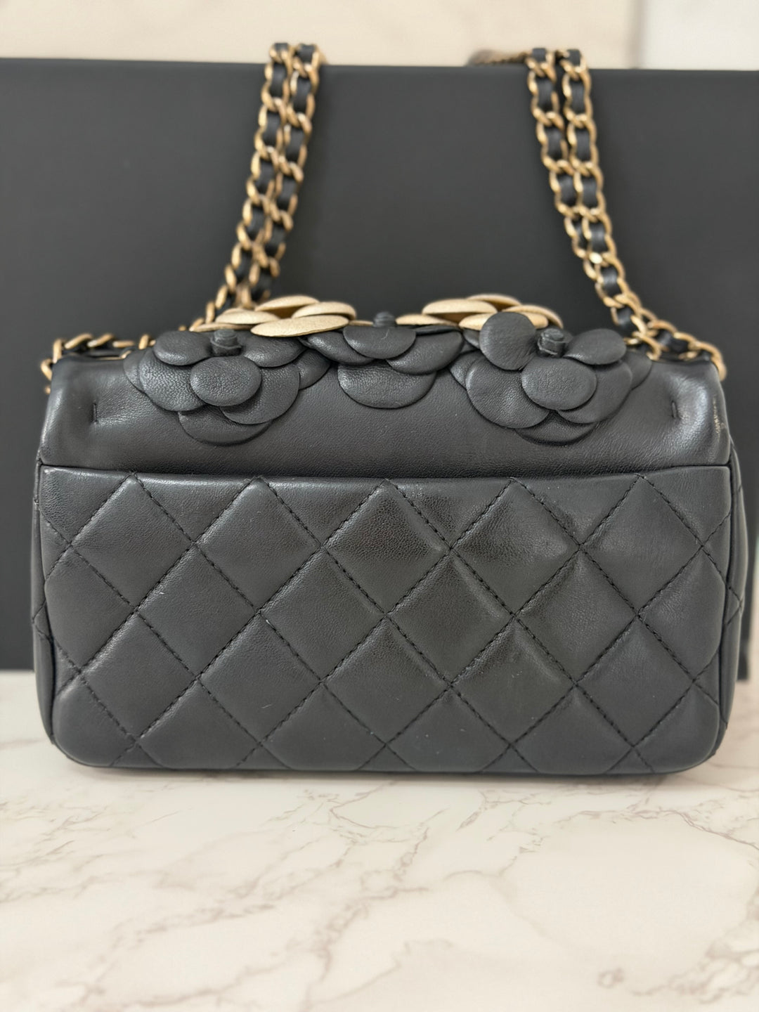 CHANEL series 21 Black Metallic Gold Camellia Flower Lambskin Mini Rectangular Flap Bag with Vintage GHW