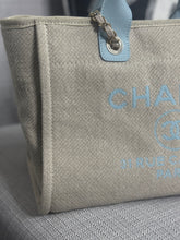 Load image into Gallery viewer, Chanel Beige And Light Blue Mixed Fibres Deauville Tote with Leather Top Handle Size Small
