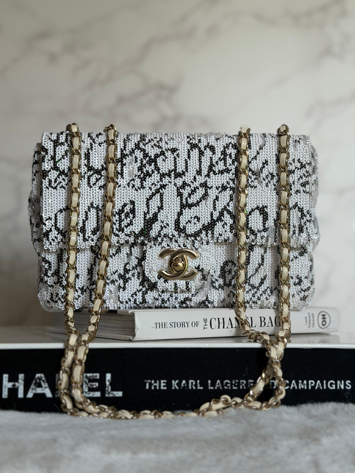 CHANEL 22C White and Black Sequin SMALL Flap Bag LGHW 2022
