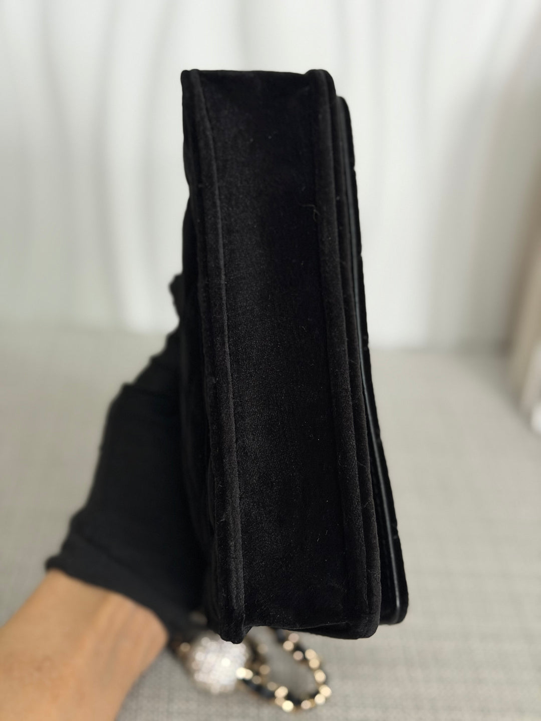 CHANEL 2025 Black Velvet Crystal Pearl Crush Adjustable Strap Wallet on Chain (WOC)