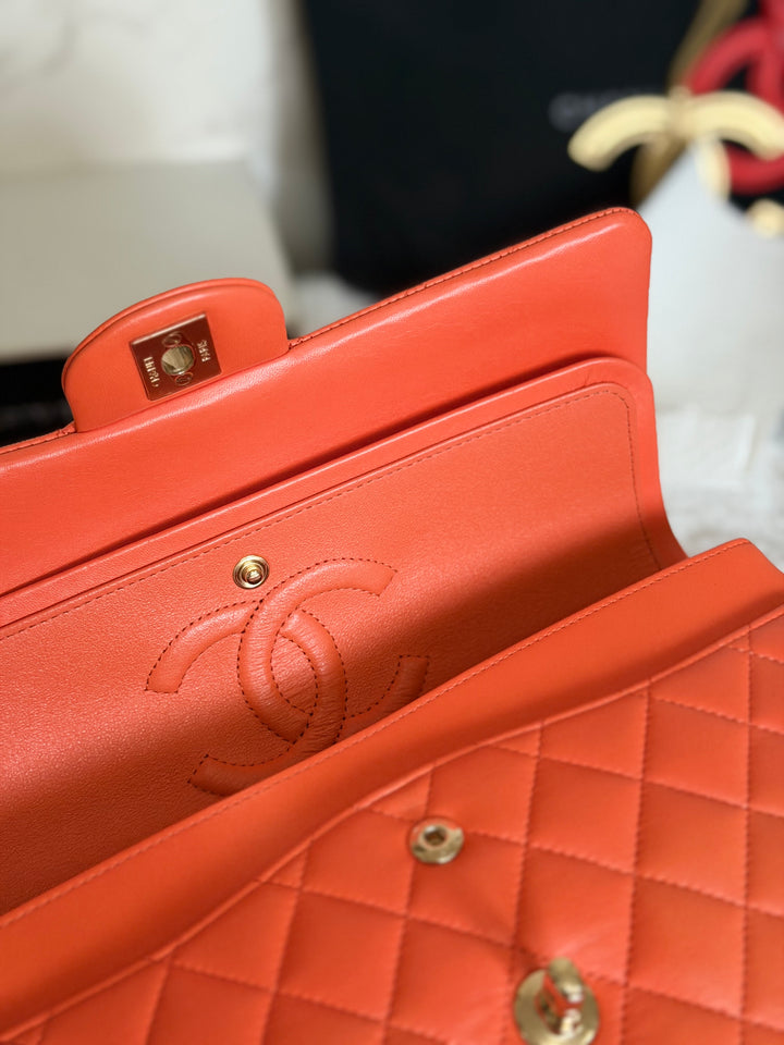 CHANEL 20S Orange Lambskin LGHW Medium ML Timeless Classic Double Flap Bag
