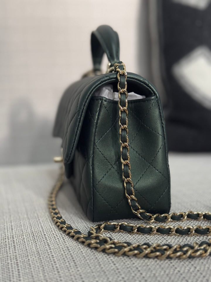 Chanel Iridescent Dark Green Lambskin Mini Rectangular Flap Bag with Top Handle and Champagne GHW