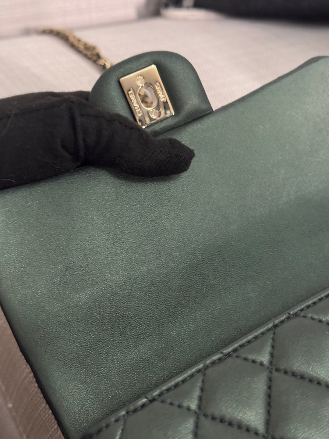 Chanel Iridescent Dark Green Lambskin Mini Rectangular Flap Bag with Top Handle and Champagne GHW