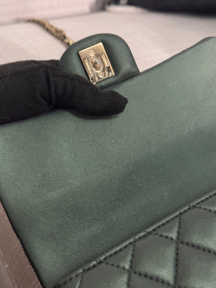 Chanel Iridescent Dark Green Lambskin Mini Rectangular Flap Bag with Top Handle and Champagne GHW