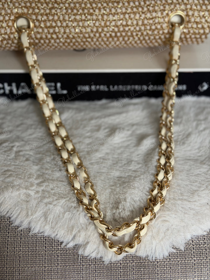 CHANEL series 17 Beige/Ivory Gold Tweed Medium ML Timeless Classic Double Flap Bag 2012 with LGHW