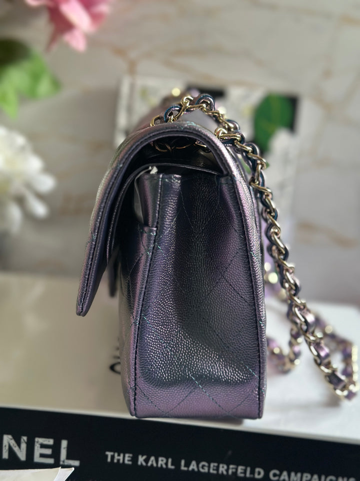 Chanel 22P Iridescent Purple Caviar LGHW Medium ML Timeless Classic Double Flap Bag