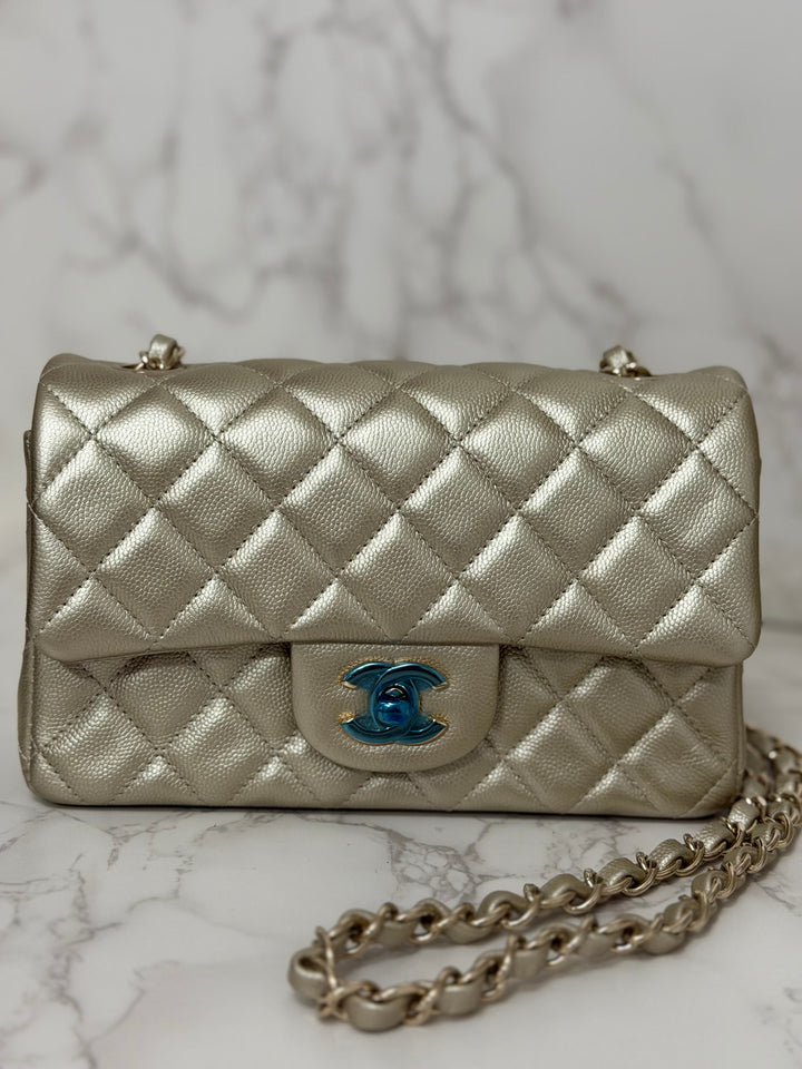 CHANEL series 23 Champagne Gold Caviar LGHW Mini Rectangular Flap Bag