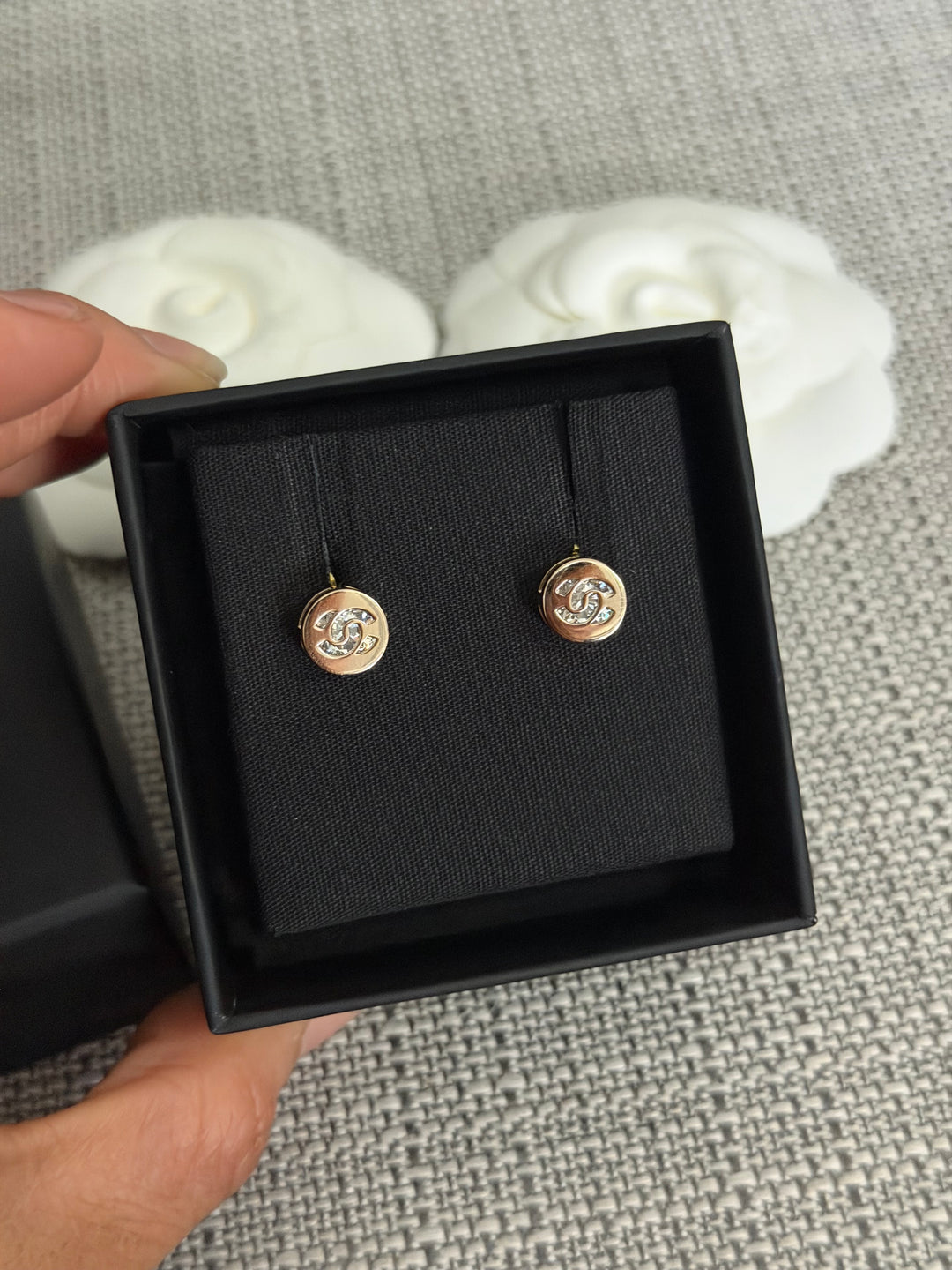 CHANEL 2024 Light Gold Round Earrings with Crystals 0.5 cms diameter