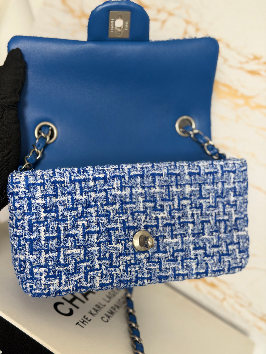 CHANEL 23P Cobalt Blue Muti Coloured Tweed Brushed SHW Mini rectangular flap bag 2023