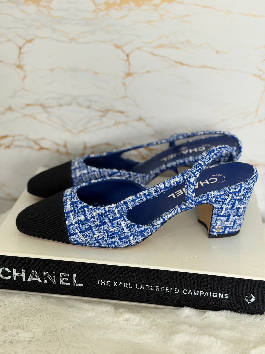 CHANEL 23P Cobalt Blue SHW Tweed Slingback shoes with kitten heels