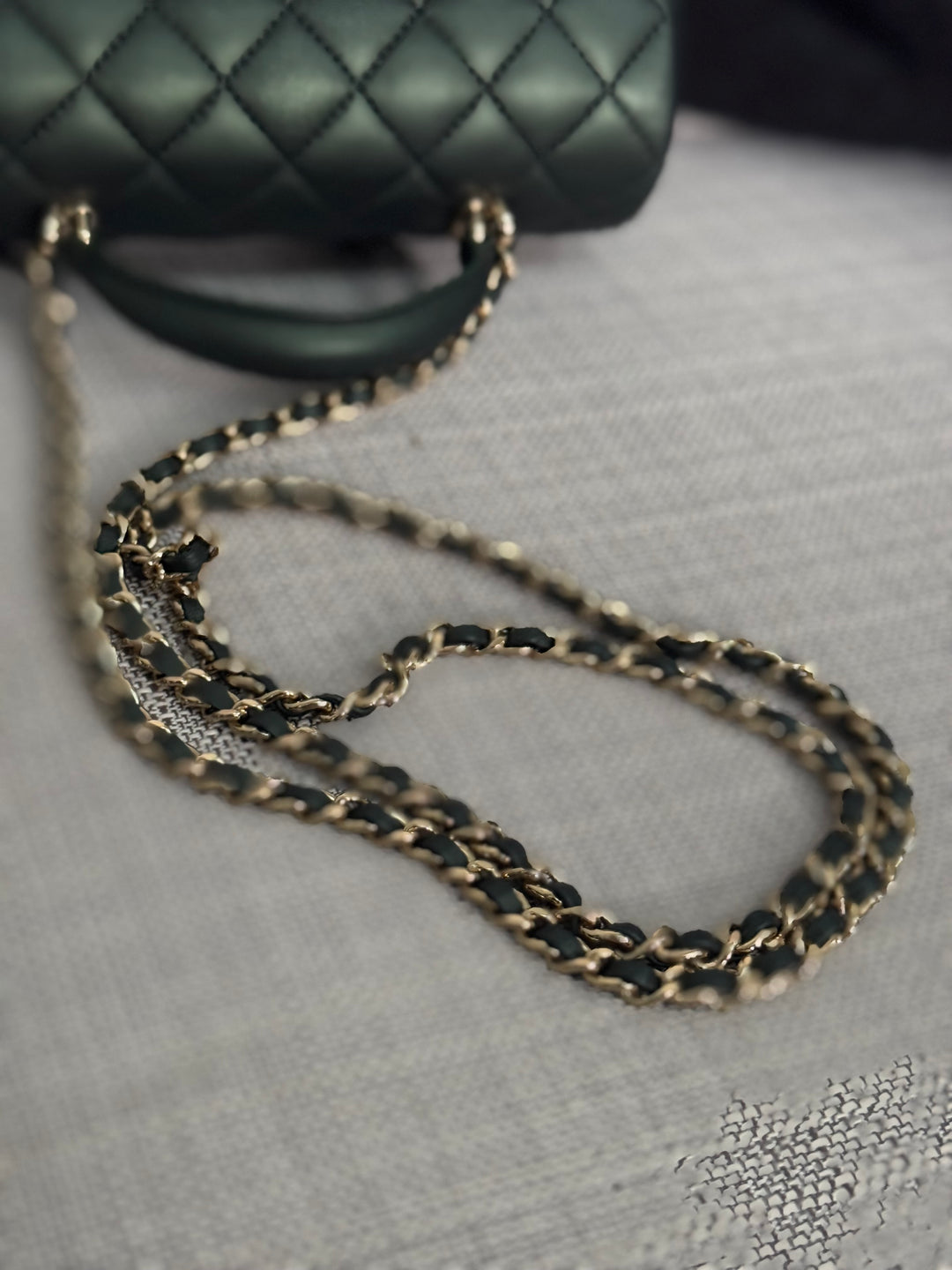 Chanel Iridescent Dark Green Lambskin Mini Rectangular Flap Bag with Top Handle and Champagne GHW