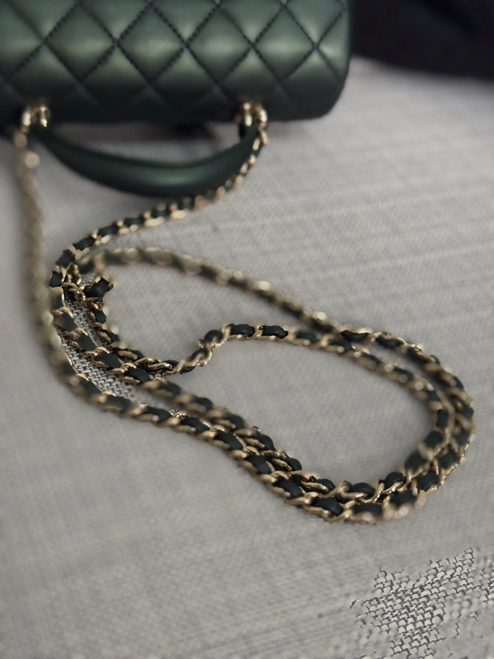 Chanel Iridescent Dark Green Lambskin Mini Rectangular Flap Bag with Top Handle and Champagne GHW