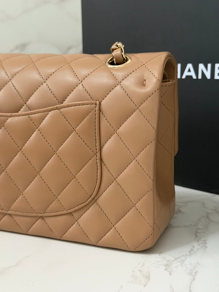 CHANEL 22K collection 2022 Dark Beige Lambskin LGHW Medium ML Timeless Classic Double Flap Bag