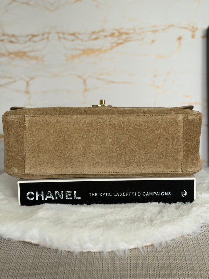 CHANEL 26S Beige Suede Leather LGHW Maxi Flap Bag 32 cms