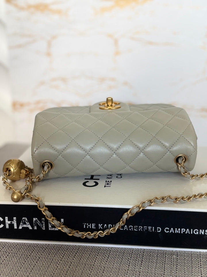 CHANEL Grey Lambskin Aged GHW Pearl Crush Adjustable Chain Mini Rectangular Flap Bag 2021