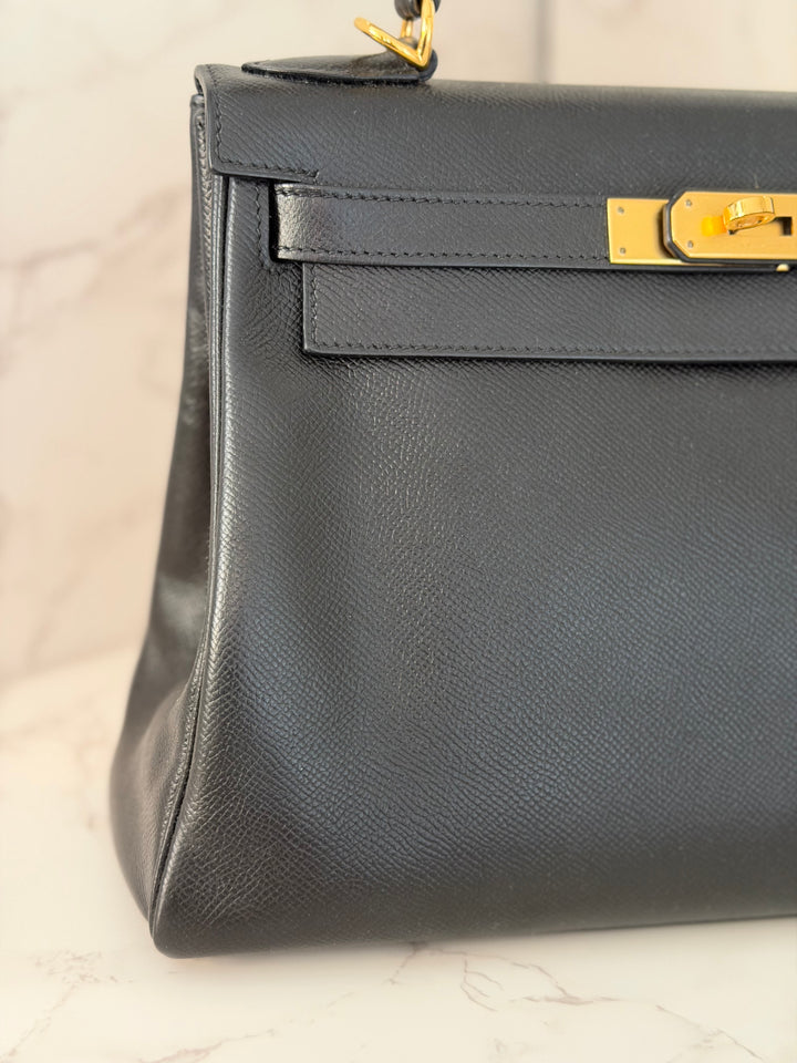 Hermes Noir/Black Epsom Leather GHW Kelly 28 stamp N 2010
