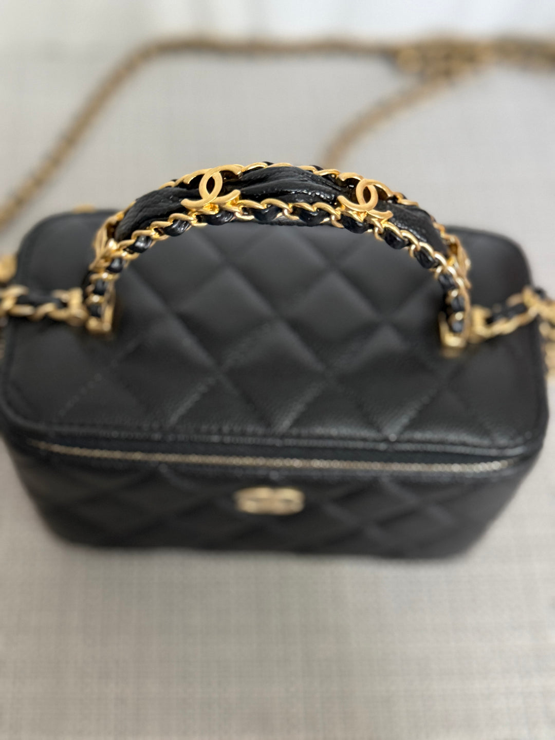 CHANEL Black Caviar Metal Top Handle Small Vanity with Chain 2025 Aged GHW