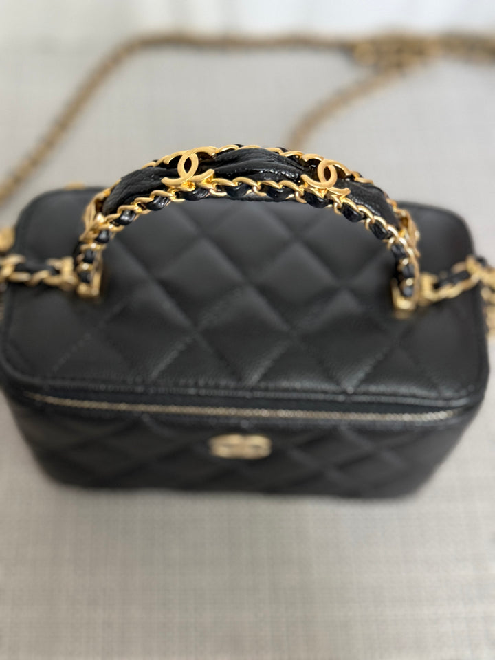 CHANEL Black Caviar Metal Top Handle Small Vanity with Chain 2025 Aged GHW