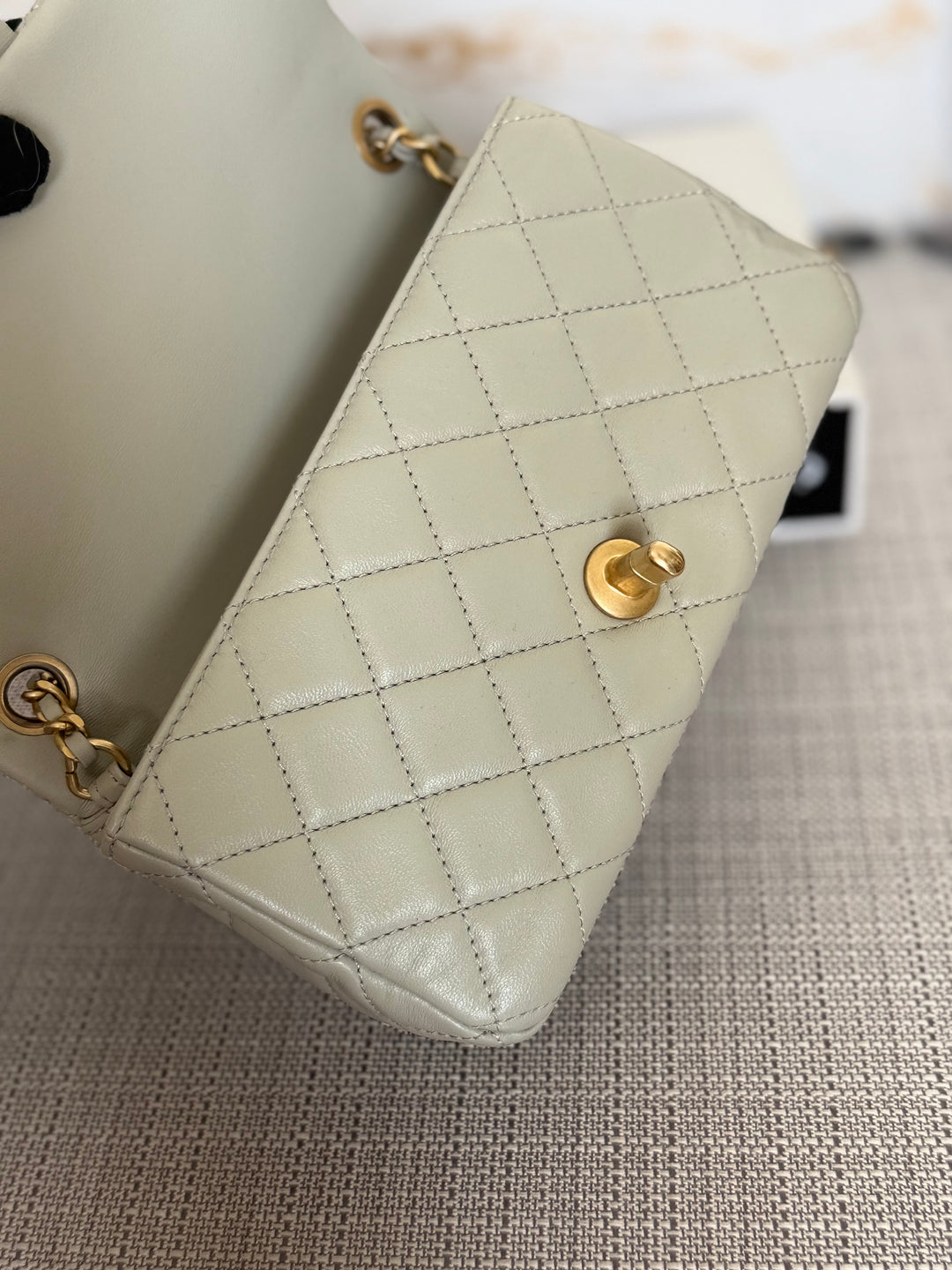 CHANEL Grey Lambskin Aged GHW Pearl Crush Adjustable Chain Mini Rectangular Flap Bag 2021