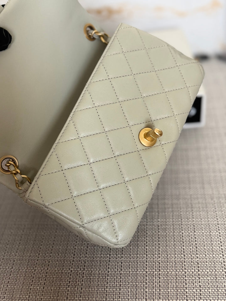 CHANEL Grey Lambskin Aged GHW Pearl Crush Adjustable Chain Mini Rectangular Flap Bag 2021