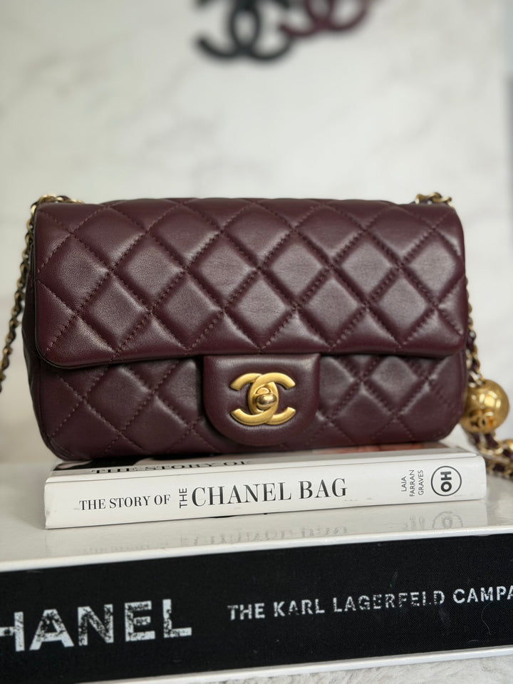 CHANEL 21B Burgundy Lambskin Aged GHW Pearl Crush Mini Rectangular Flap Bag 2021