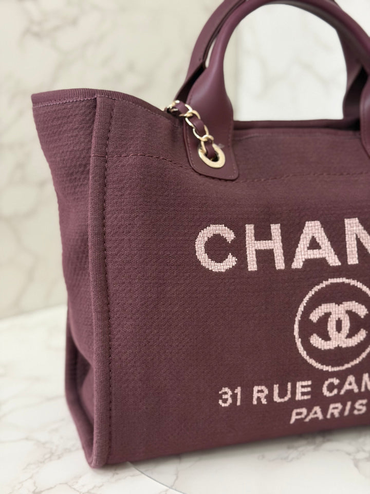 Chanel 24B Collection 2024 Burgundy Tweed Deauville Tote with Leather top handle size small and Detachable pouch